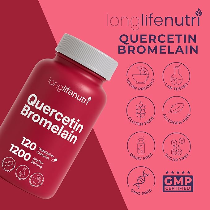 LongLifeNutri Quercetin 1000mg with Bromelain 200mg - 120 Vegetarian Capsules Organic Dihydrate Complex for Joint Mobility &amp Respiratory Balance 2-Month Supply GMP Certified Made in USA