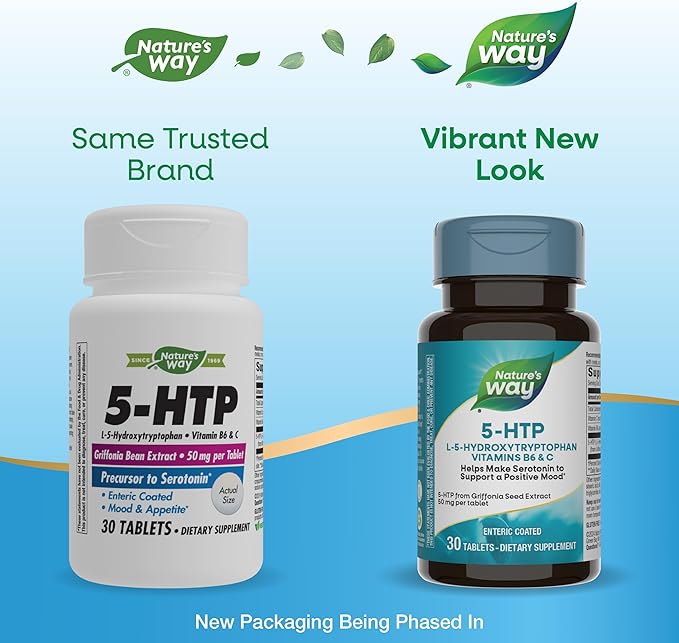 Nature's Way 5-HTP L-5-Hydroxytryptophan Helps Make Serotonin to Promote a Positive Outlook* Vitamin B6 Vitamin C Griffonia Bean Extract 30 Tablets (Packaging May Vary) - 2 Pack