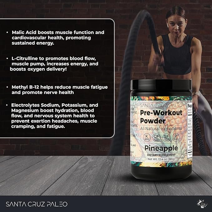 Santa Cruz Paleo Pre Workout Powder Electrolytes Magnesium Potassium Sea Salt &amp L Citrulline Caffeine &amp Sugar Free Preworkout Drink Mix for Energy &amp Hydration Pineapple Flavor 30 Ser
