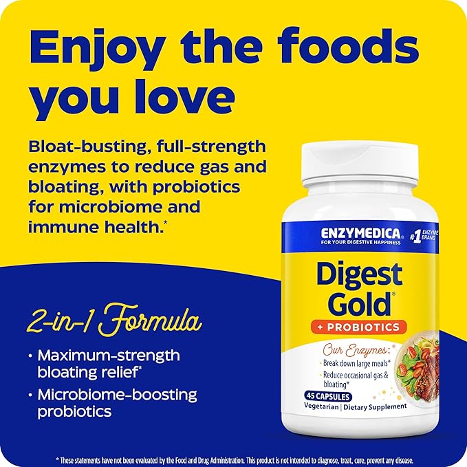 Enzymedica Digest Gold + Probiotics 2-in-1 Digestive Enzymes &amp Probiotic Support Promotes Gut Health with 1 Billion Active Cultures 45 Capsules