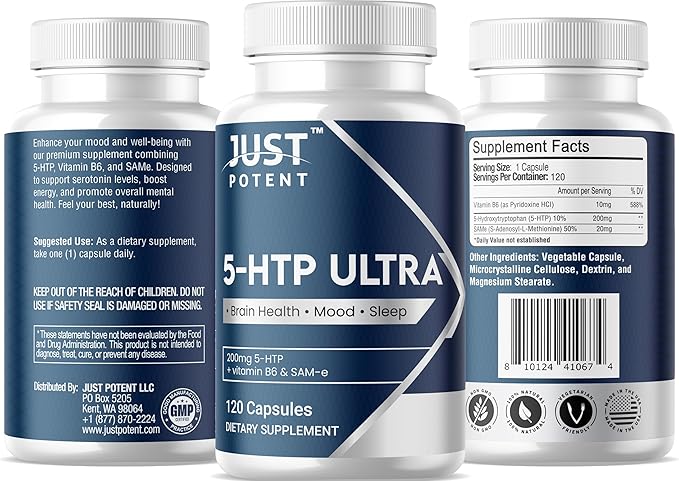 Just Potent 5-HTP Ultra 200mg | 120 Capsules - 4-Month Supply | for Sleep Mood and Brain Health | Fortified with SAM-e and Vitamin B6