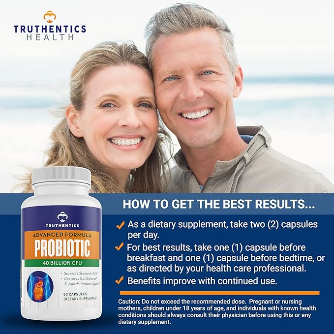 TRUTHENTICS Probiotic 40 Billion CFU with Prebiotics - Bifidobacterium Lactobacillus Acidophilus Paracasei Probiotics for Men &amp Women - Shelf Stable - 60 Vegan Capsules