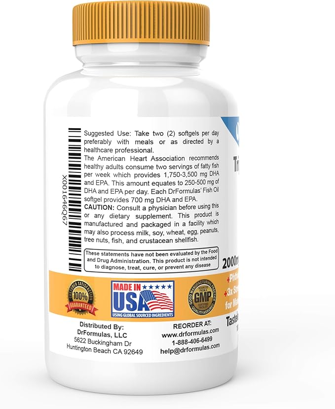 DrFormulas 2000mg Triple Strength Omega 3 Fish Oil with EPA and DHA 180 Burpless Softgels