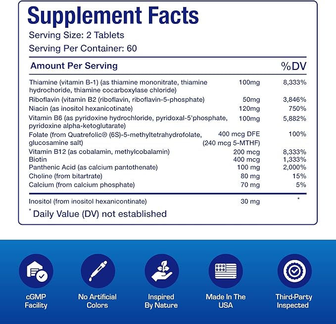 Super B Complex Methylated &amp Time Released - Bio Active B Complex Vitamin Supplement with Choline Inositol &amp 8 B Vitamins for Nervous System and Energy Metabolism Support - 2 Month Supply