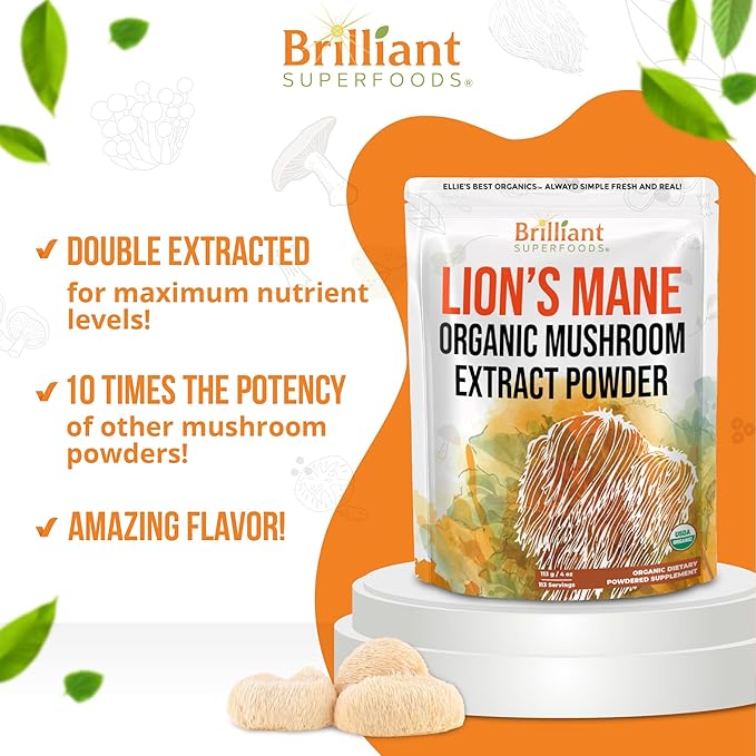 Ellie's Best Lions Mane Mushroom Extract Powder Supplement Organic 114 Servings - Double Extracted for Highest Potency - Dissolves in Coffee Tea Juice etc.4oz