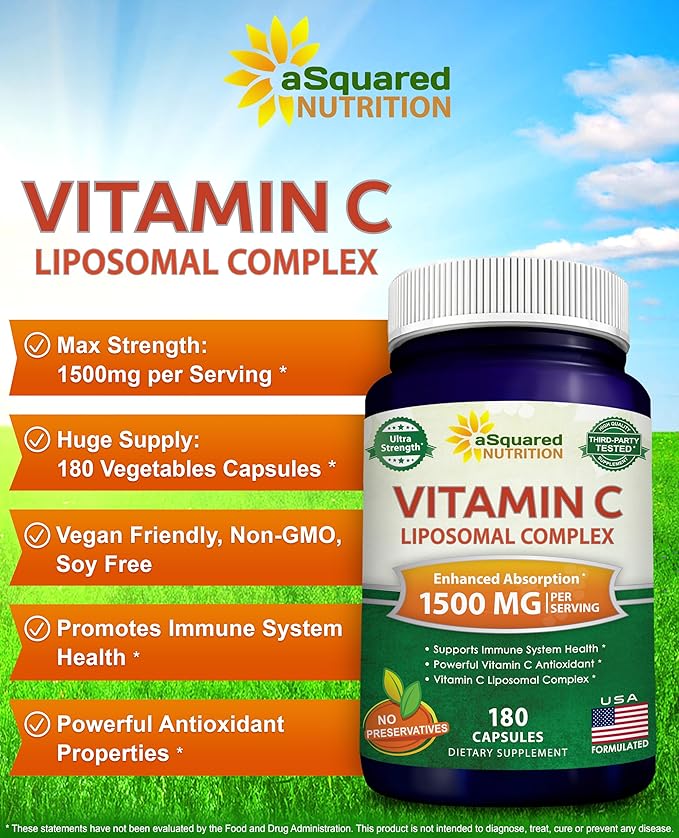 aSquared Nutrition Vitamin C Liposomal Complex - 1500mg Supplement - 180 Capsules - High Absorption VIT C Ascorbic Acid Pills - Supports Immune System &amp Collagen Health - 90 Servings