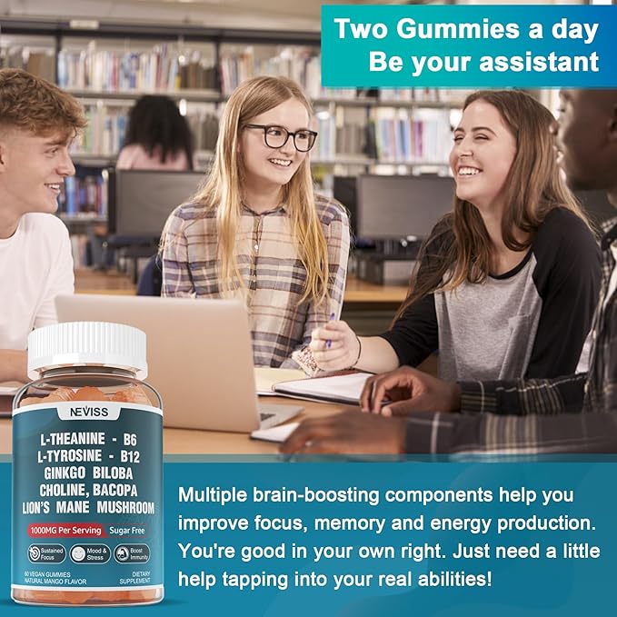 Sugar Free L-Tyrosine Gummies 300mg L-Theanine 200mg Vitamin B6 100mg &amp B12 500mcg Brain Health Herbs 300mg w/Ginkgo Biloba Rhodiola Rosea Lion's Mane Mushroom for Sustained Focus &amp Energy