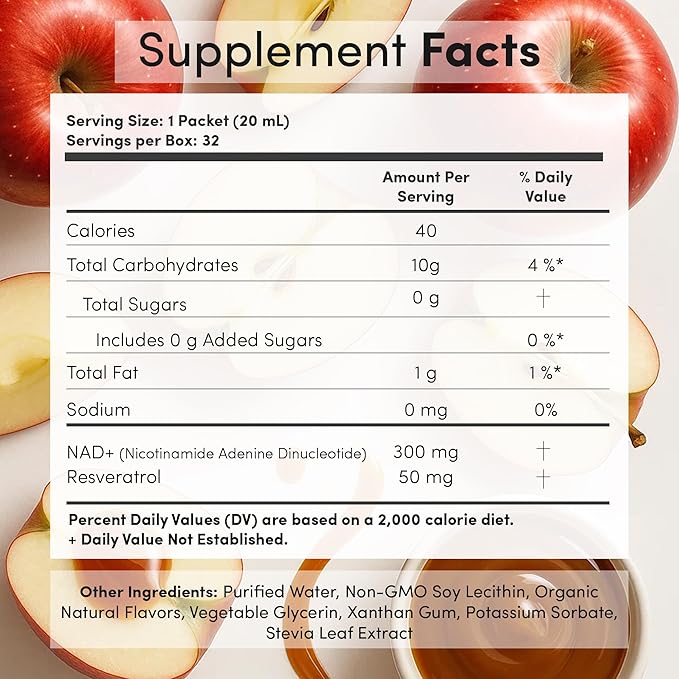 Vida Lifescience Liposomal NAD+ Liquid Supplement with Resveratrol - NAD Plus for Cellular Energy &amp Healthy Aging Support Vegan Gluten-Free Non-GMO for Men &amp Women - 32 Single Serve Packet