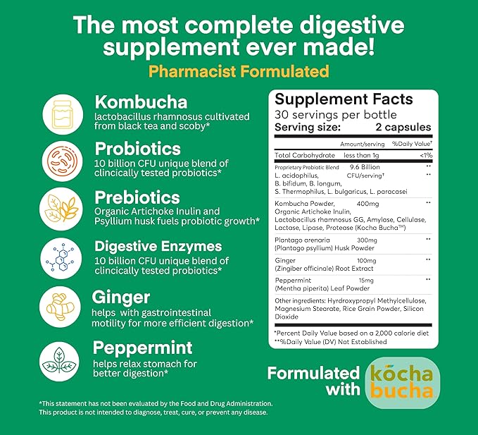 A dose of Digestive Balance-Gut Health Supplement-USDA-Kombucha 7 Probiotic Strains and Prebiotics for Microbiome-Digestive Enzymes for Digestion-Bloating Relief for Women and Men (60 Count)
