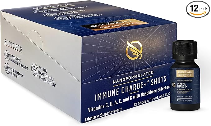 Quicksilver Scientific Immune Charge+ - Portable Wellness with Elderberry Vitamin C E K1 K2 10000 IU Vitamin D for Optimal Immune System Support (12 Single Serving Shots)
