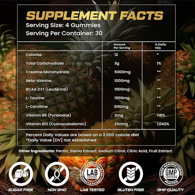 Creatine Monohydrate Gummies for Men &amp Women 9000MG Creatine Gummies Sugar Free with L-Taurine BCAA 2:1 B12 B6 for Boost Strength Focus &amp Endurance Vegan Non-GMO Pineapple 120pcs
