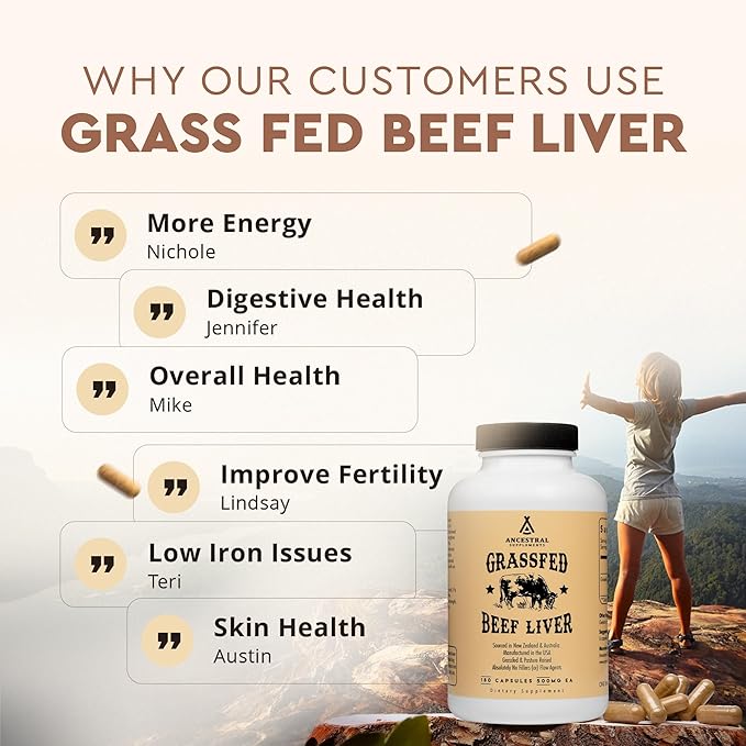 Ancestral Supplements Grass Fed Beef Liver 180 Capsules Supports Energy Production Detoxification Digestion Immunity and Full Body Wellness Non-GMO Freeze Dried Liver Health Supplement