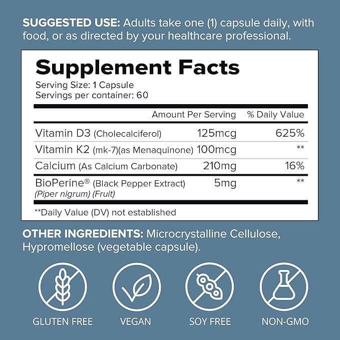 SFH Vitamin K2 D3 with Calcium | K2 MK7 + Vitamin D3 Supplement for Bone &amp Heart Support | with BioPerine for Absorption | Non-GMO | 60 Capsules