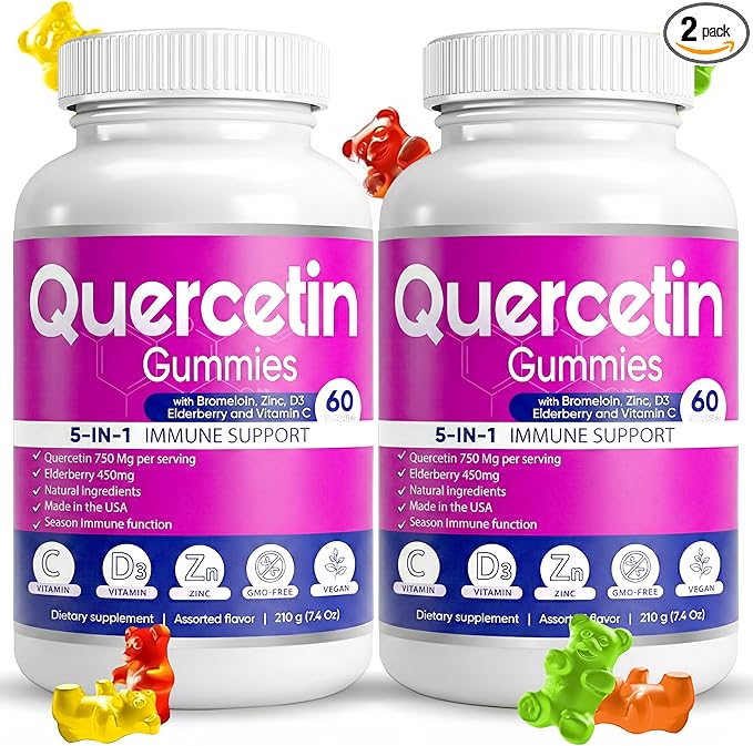 (2 Pack) Quercetin Gummies by BioVitalica - Quercetin with Bromelain Vitamin C and Zinc &amp Elderberry + Vitamin D3-5 in 1 Immune Support - Zinc Quercetin 750 mg for Kids and Adults
