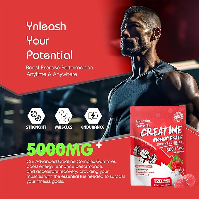 NSF Certified Creatine Gummy - Creatine Monohydrate Gummies 5000mg for Men &amp Women -120 Gummies Advanced Formula Muscle Strength Muscle Builder Energy Boost Pre-Workout Supplement-Strawberry