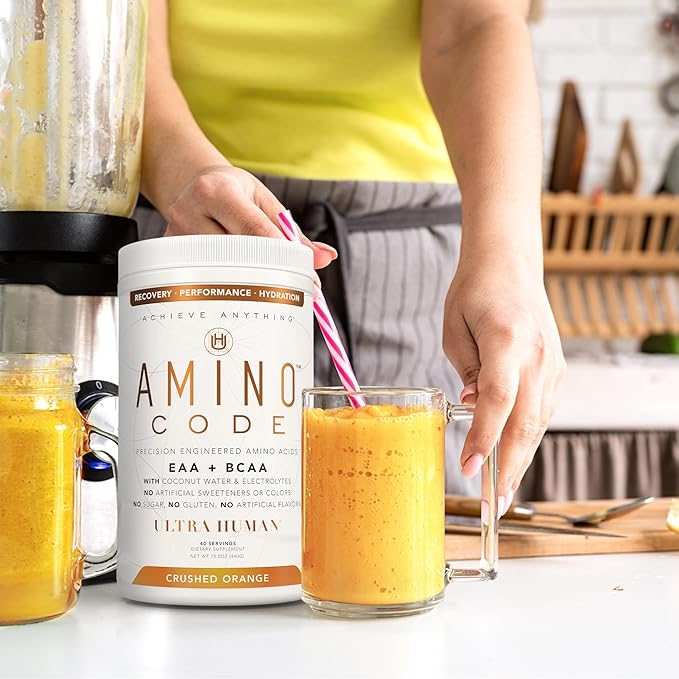 Ultra Human Amino Code | Essential Amino Acids + BCAAs + Coconut Water Electrolytes | Fast Hydration Workout Recovery Flavored Amino Energy Powder Drink | Clean Formula 40 Servings - Crushed Orange