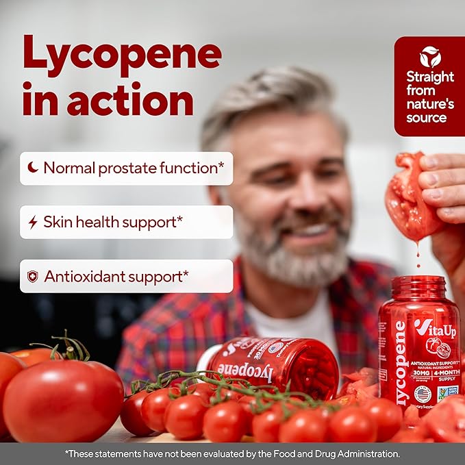 VitaUp Lycopene Supplements for Men – USA Made Prostate Supplements for Men with Natural Tomato Extract – Non-GMO Lycopene Supplement for Normal Prostate Skin &amp Antioxidant Support – 120 Count