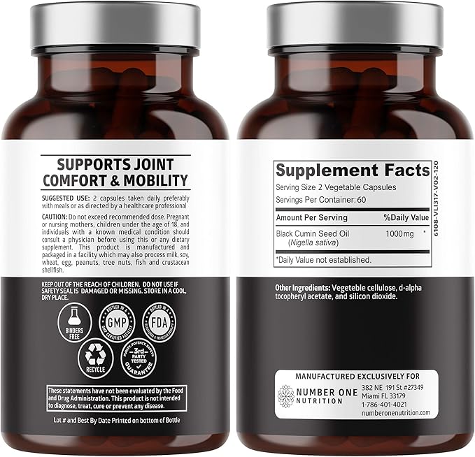 Number One Nutrition N1N Premium Black Seed Oil [Max Strength 1000 mg] 100% Cold-Pressed Nigela Sativa to Support Digestion Immune System and Joint Comfort and Mobility 120 Caps