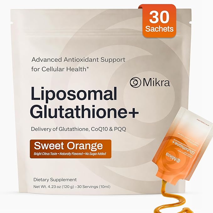 Mikra Glutathione+ Liposomal Antioxidant Supplement with CoQ10 &amp PQQ - Advanced Cellular Support for Energy Focus &amp Immune Health Support - Liquid Glutathione Supplement - 30 Single-dose Vial