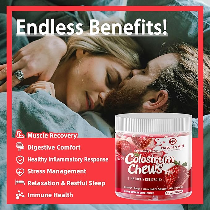 Colostrum Chews Supplement with probiotics for Gut Health Bloating Immune Support Skin Hair Growth and Beauty - Strawberry Flavor (60 Servings)