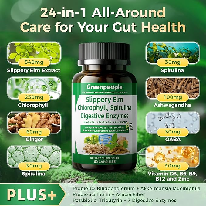 GREENPEOPLE Digestive Enzymes for Women &amp Men-Ultra Gut Health &amp Cleanse With Slippery Elm Chlorophyll Spirulina Probiotics Complex-Complete Gut Supplement for Mood &amp Relaxation Gentle