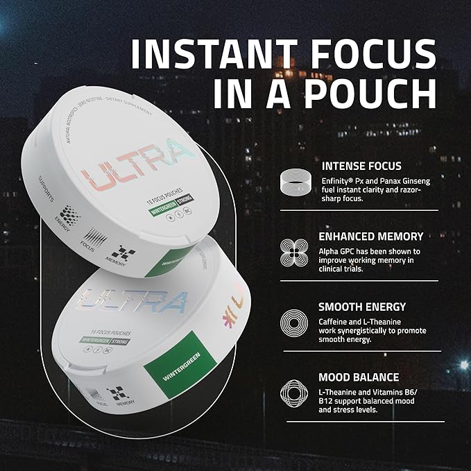 Ultra Focus Nootropic Pouches (Wintergreen 3 Cans) Nicotine-Free Caffeine-Free Enfinity Paraxanthine Vitamin B6 + B12 L-Theanine Alpha-GPC Ginseng Plant-Based Energy Pouches