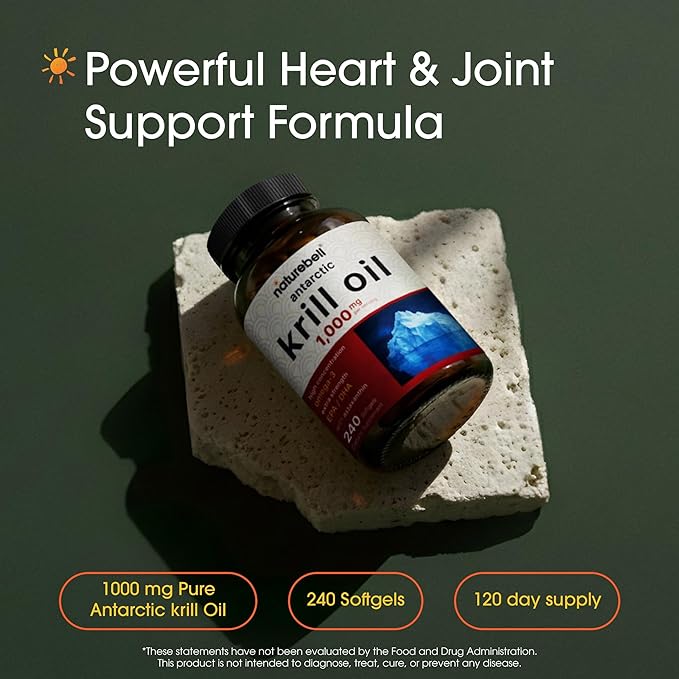 NatureBell Antarctic Krill Oil 1000mg - 240 Softgels - Omega-3 Heart Joint &amp Immune Health Support* - High EPA DHA with Astaxanthin - Non-GMO &amp Gluten-Free