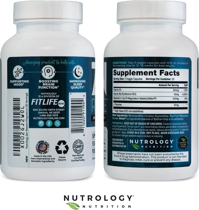 Nutrology Zen Restore – 400mg Magnesium Malate Vitamin D3 &amp L-Theanine Supports Sleep Muscle Recovery &amp Adrenal Wellness Magnesium Supplement for Men and Women 30 Servings