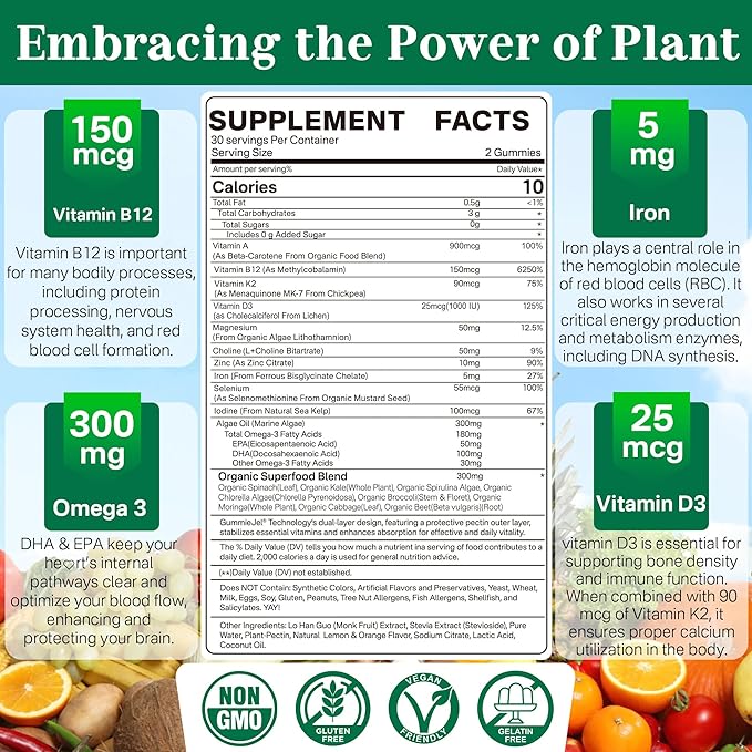 Vegan Omega 3 Gummies 1000mg with Vegan Multivitamin for Women Men with Iron Vitamin B12 A D3 K2 Algae Omega 3 Magnesium Zinc