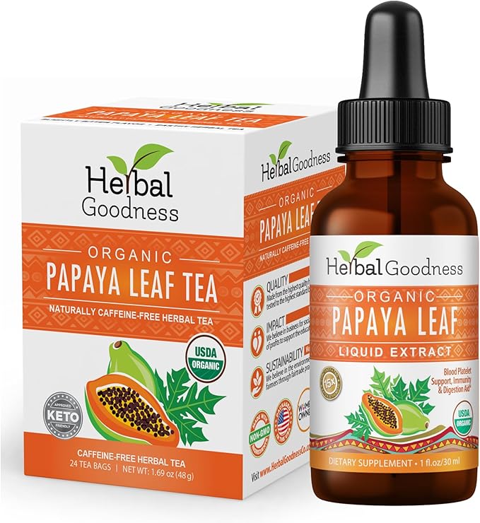 Herbal Goodness Organic Papaya Leaf Tea &amp Liquid Extract Bundle – Digestive &amp Blood Platelet Support – USDA Organic Non-GMO Caffeine-Free – 24 Tea Bags &amp 1 oz Liquid Extract (2-Item Kit)