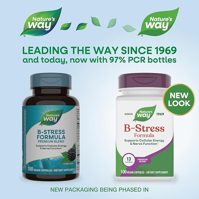 Nature's Way B-Stress Formula Supports Cellular Energy &amp Nerve Function* With Vitamins C B12 Vitamin B6 &amp More Gluten Free 100 Vegan Capsules (Packaging May Vary)