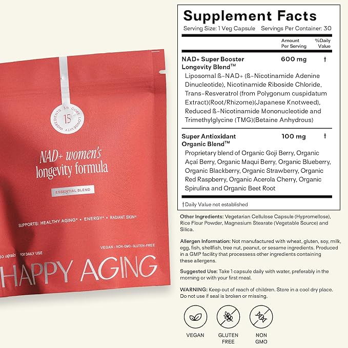 Happy Aging Essential Longevity Formula NAD+ Super Booster with NR NMNH &amp Liposomal β-NAD+ Organic Antioxidant Superfruit Blend for Cellular Energy Skin Hydration &amp Daily Vitality 30 Caps