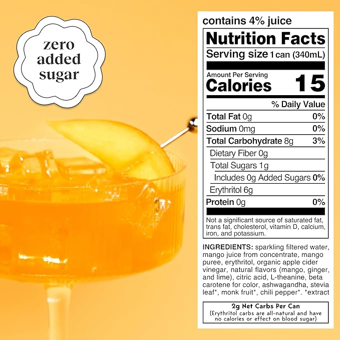Moment Botanical Soda Soft Drink (Shark Tank) - SPARKLING Drinks | Mango Glow | L-Theanine &amp Ashwagandha for Calm &amp Clarity | 0 Added Sugar 0 Caffeine | 12-pack