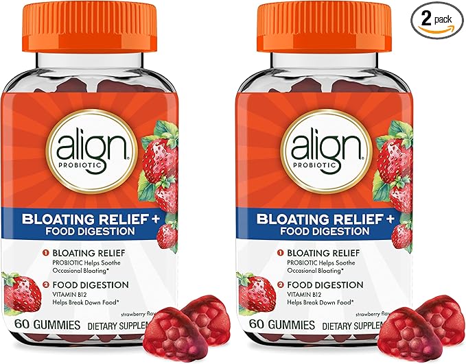 Align Probiotic Bloating Relief + Food Digestion Probiotics for Women and Men Probiotic Helps Soothe Occasional Bloating* with Vitamin B12 to Help Break Down Food into Cellular Energy*60 Gummies
