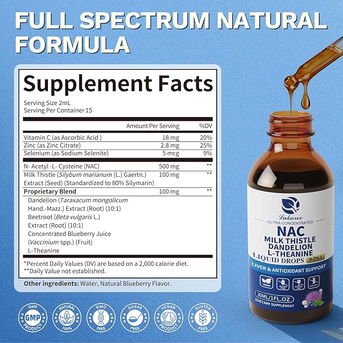 Lukaree Liposomal NAC Supplement N-Acetyl-L-Cysteine 600mg with Milk Thistle - NAC Amino Acid Drops w/Selenium for Liver &amp Kidney Support* Lung Antioxidants &amp Immune Support*- Vegan Non-GMO