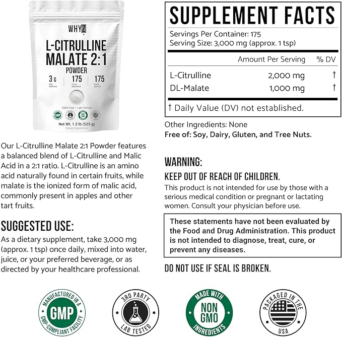 L-Citrulline Malate 2 : 1 Powder Unflavored L Citrulline Malate Nitrate-Rich Dissolves Easily Pure Amino Acid Citrulline Supplement Supports Endurance &amp Strength Vegan Friendly Daily Use 1.2 lb(5
