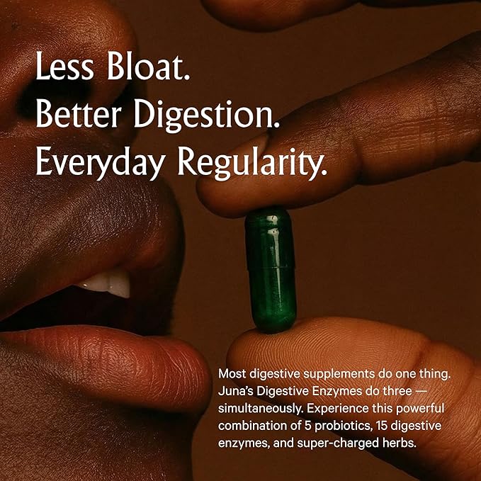 Juna Digestive Enzymes + Probiotic — 3-in-1 Daily Gut Support for Bloat Relief Smooth Digestion &amp Microbiome Balance | 15 Enzymes 5 Probiotics 8 Botanicals | Vegan 3rd-Party Tested | 60 Capsul