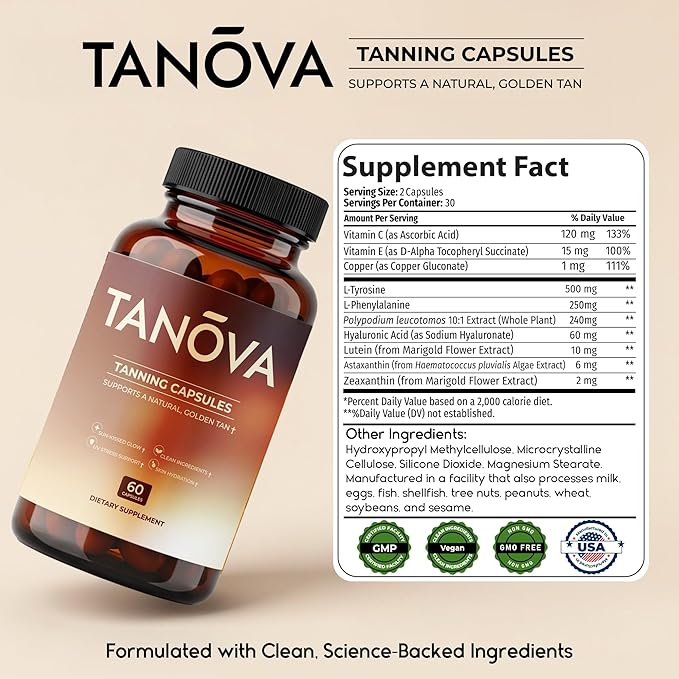 Tanova Tanning Pills – Supports a Natural Golden Glow Skin Resilience &amp Anti-Aging Against Sun-Induced Oxidative Stress – with Astaxanthin L-Tyrosine Copper &amp Polypodium Leucotomos – 60 Cap