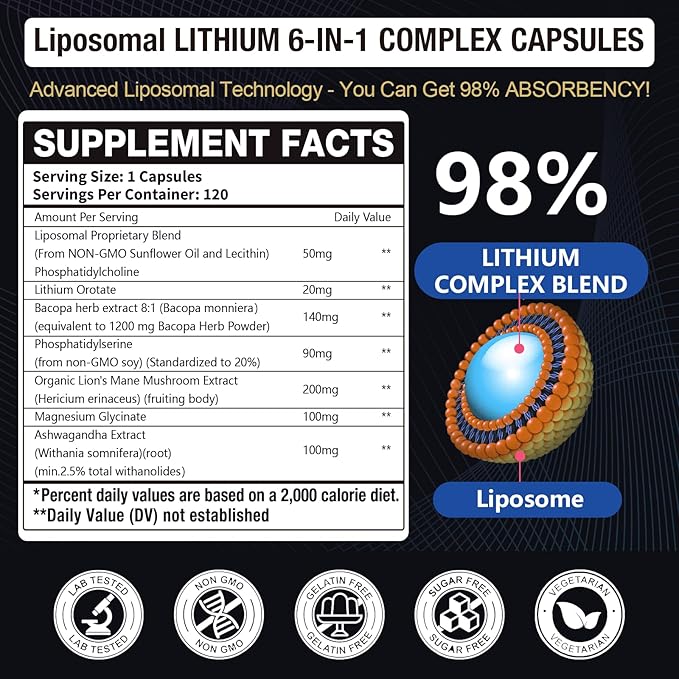 2 Packs Lisopomal Lithium Orotate Complex Capsules Lithium Orotate 20 mg Magnesium Glycinate &amp Ashwagandha Brain Health Supplements for Cognitive Mood &amp Memory – Non-GMO 240 Vegan Capsule