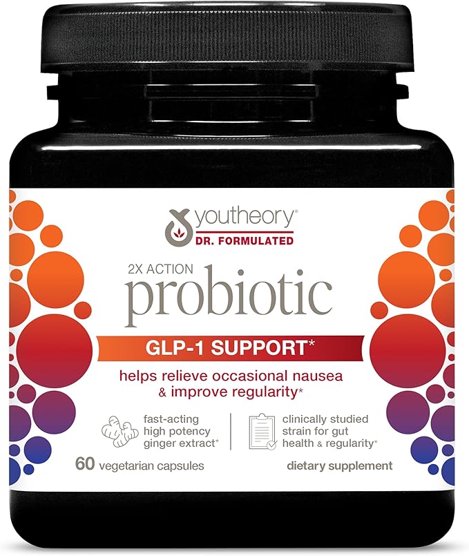 Youtheory 2X Action Probiotic - GLP-1 Support for Gut &amp Digestive Health* - Clinically Studied Probiotic - Prebiotic Fiber &amp Fast-Acting Ginger Extract - Gluten &amp Soy Free - 60 Vegetarian