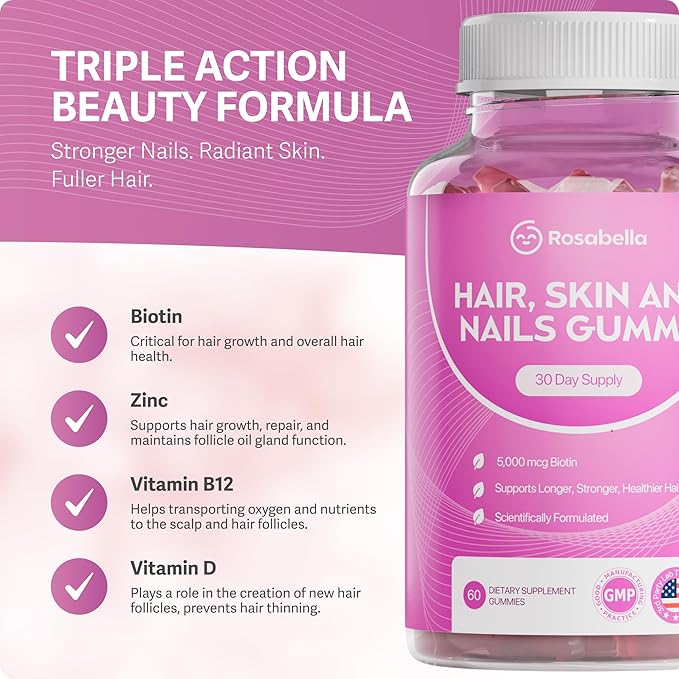 Rosabella Hair Growth Gummies for Women &amp Men – Vegan Hair Gummies with 5000mcg Biotin – Hair Vitamins for Strong Healthy-Looking Hair – Gummy Biotin Supplement (60 Count (Pack of 2))