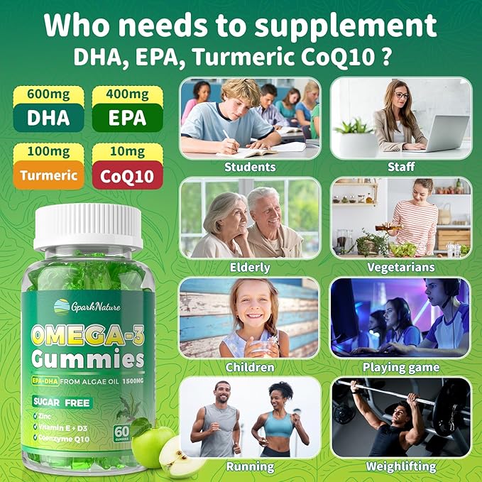 Omega 3 Fatty Acid Supplements for WomanVegen Omega-3 Supplement Gummies 1500Mg from Algae 0il(DHA 600mg &amp EPA 300mg) Turmeric Gummy for Adults Vitamins D3 E Zinc &amp MSM Sugar Free