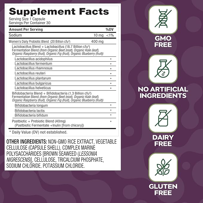 Women’s Probiotic | 20 Billion CFU | Prebiotic Inulin | Digestive Vaginal &amp Immune Support | Vegan | Shelf-Stable | 30 Capsules