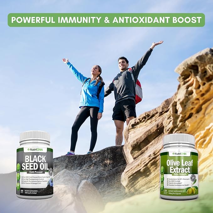 Black Seed Oil Softgels &amp Olive Leaf Extract Capsules Combo - Targeted Immune Support