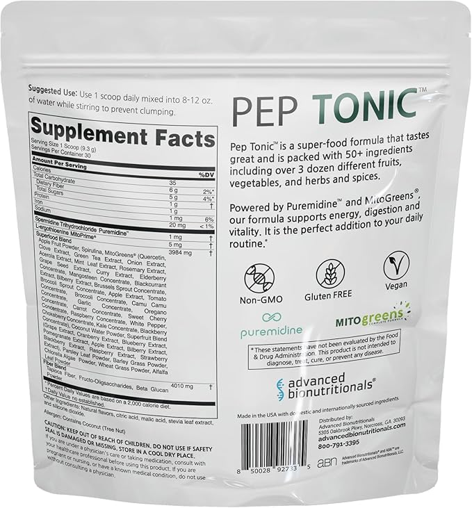 Advanced Bionutritionals Pep Tonic Powdered Superfood Formula 50 Fruits Vegetables Herbs and Superfoods - Vegan Vegetarian - 9.84 OZ - 279 g