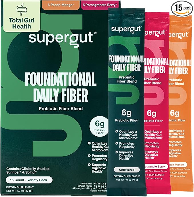 Supergut Foundational Daily Fiber Vegan &amp Sugar Free Prebiotic Powder Blend for Gut Health &amp Digestive Support Plant Based Supplement for Men &amp Women with 6g of Fiber Variety Pack 15 S