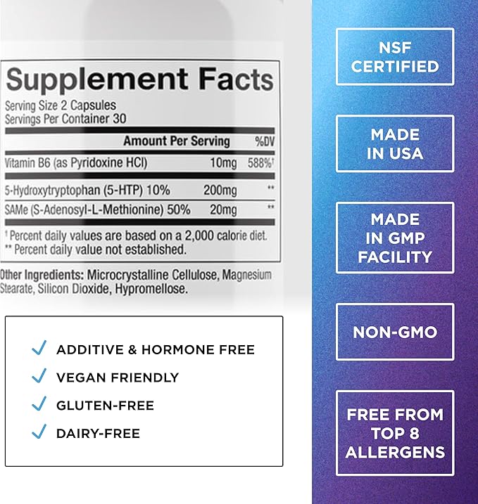 DR. EMIL NUTRITION 200 MG 5-HTP Plus with SAM-e to Maintain Normal Healthy Sleep and Create a Sense of Wellbeing - 5HTP Supplement with Vitamin B6-60 Vegan Capsules 30 Servings