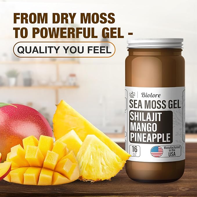 Biolore Wildcrafted Sea Moss Gel with Shilajit - Mango Pineapple 16 oz - Flavored Sea Moss Gel with Essential Vitamins &amp Trace Minerals - Vegan Superfood - Made in USA Gluten-Free No Added Sugar