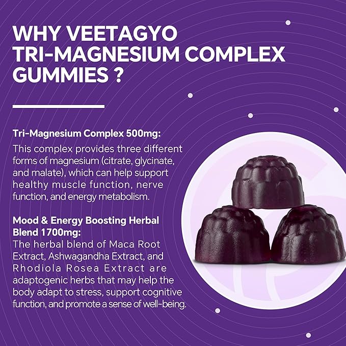 VEETAGYO Magnesium Gummies 500mg 400mg | High Absorption Bone Nerves Muscle | 3 Forms of Magnesium Complex Supplement GlycinateTaurateMalate | Adults - VeganSugar Free120Cts