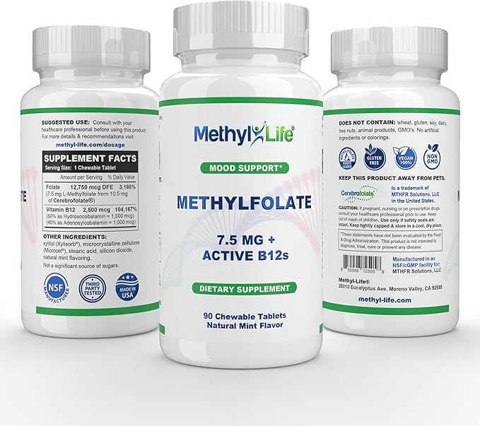 Methyl-Life® Pure L-Methylfolate 7.5mg + Vitamin B12 (Hydroxy B12 &amp Adenosylcobalamin) | Active 5-MTHF Calcium with Cerebrofolate® | Vegan Non-GMO Gluten-Free | 90 Chewable Tablets